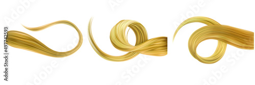 Vector realistic set of curls of female blond hair isolated on white background.