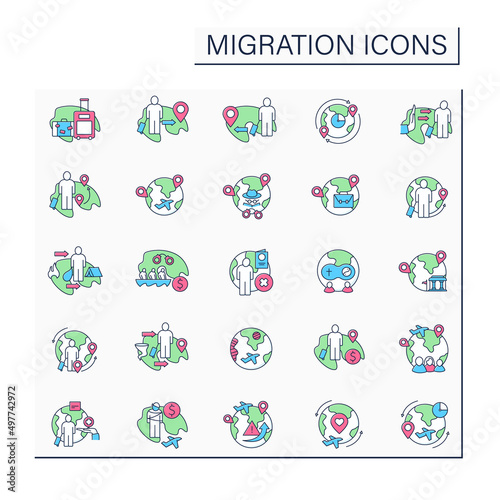 Migration color icons set. Moving people across borders. Seeking better life standards. Migration concept. Isolated vector illustrations