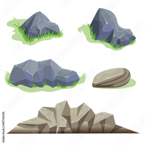 Cartoon rock and stones set. Different shapes and textures. Different boulders with grass collection. Vector illustrations isolated on white background.