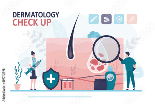 Doctor with magnifying glass examines problem area of patient's skin. Medical team doing dermatological check