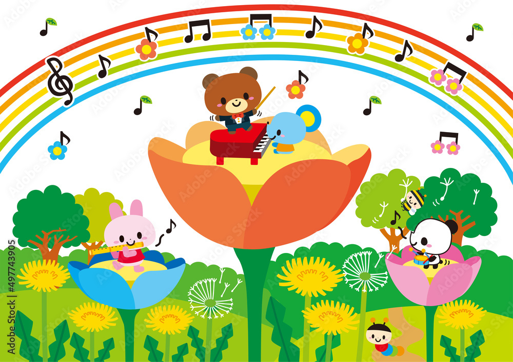 Obraz premium 音楽,花,誕生日,春,動物,子供,幼稚園,保育園,ピアノ,音符,音,虹,パーティー,お祝い,おめでとう,かわいい,キャラクター,元気,笑顔,楽しい,園児,嬉しい,なかよし,ウサギ,クマ,ネズミ,昆虫,コンサート,楽器,演奏会,五線譜,芋虫,３月,４月,メルヘン,種,喜び,自然,あたたかい,開花,演奏,ラブリー,幼児向け,ポップ,イラスト,子供向け