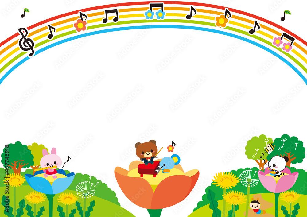 フレーム 音楽 春 花 誕生日 動物 子供 幼稚園 保育園 ３月 ４月 ５月 ピアノ 音符 音 虹 タイトル お知らせ メッセージ 飾り枠 看板 枠 見出し パーティー お祝い おめでとう かわいい キャラクター 元気 笑顔 楽しい 嬉しい なかよし ウサギ クマ ネズミ 昆虫