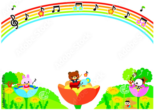 フレーム,音楽,春,花,誕生日,動物,子供,幼稚園,保育園,３月,４月,５月,ピアノ,音符,音,虹,タイトル,お知らせ,メッセージ,飾り枠,看板,枠,見出し,パーティー,お祝い,おめでとう,かわいい,キャラクター,元気,笑顔,楽しい,嬉しい,なかよし,ウサギ,クマ,ネズミ,昆虫,コンサート,楽器,演奏会,五線譜,芋虫,種,喜び,演奏,幼児向け,ポップ,子供向け,イラスト