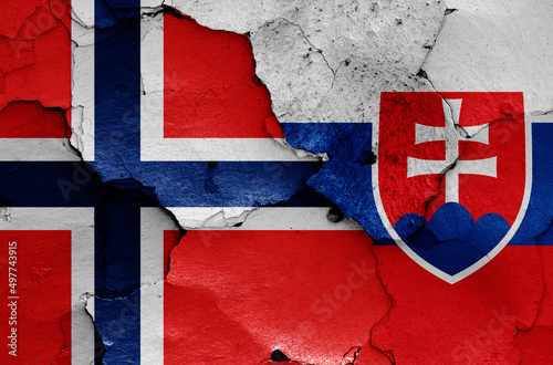 flags of Norway and Slovakia painted on cracked wall