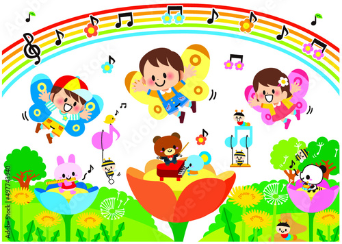 音楽,花,春,誕生日,子供,幼稚園,保育園,動物,小学生,小学校,ピアノ,音符,音,虹,パーティー,お祝い,おめでとう,かわいい,キャラクター,元気,笑顔,楽しい,園児,嬉しい,なかよし,３月,４月,５月,蝶,ウサギ,クマ,ネズミ,昆虫,コンサート,楽器,演奏会,五線譜,芋虫,メルヘン,種,喜び,自然,開花,演奏,幼児向け,ポップ,イラスト,子供向け,セット