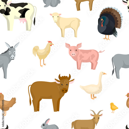 Livestock seamless pattern on white background. Farm birds and animals in the style cartoon.