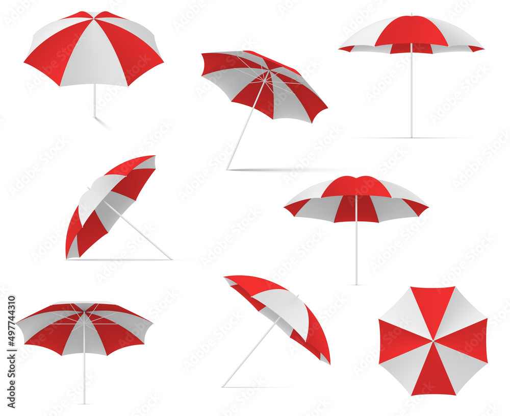 Red striped beach umbrella collection realistic vector traditional seaside sunlight protection - obrazy, fototapety, plakaty 