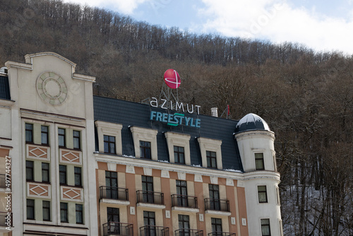 SOCHI, RUSSIA - MARCH 17, 2022: Azimut Hotel in the Rosa Khutor Ski resort photo