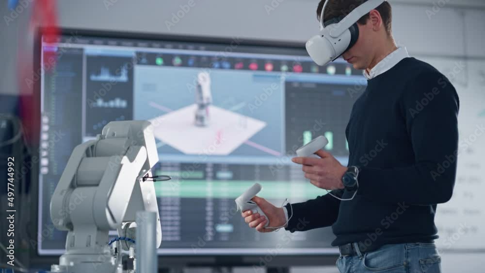 Mechanical Engineer Student Wearing Virtual Reality Headset and Holding Controllers, Uses VR technology for Industrial Design, Development, Prototyping in Robotics. High Tech Concept
