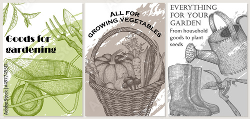 Set of 3 vector gardening banner templates. Graphic linear garden wheelbarrow, rake, shovel, wicker basket with vegetable harvest, rubber boots, secateurs, watering can