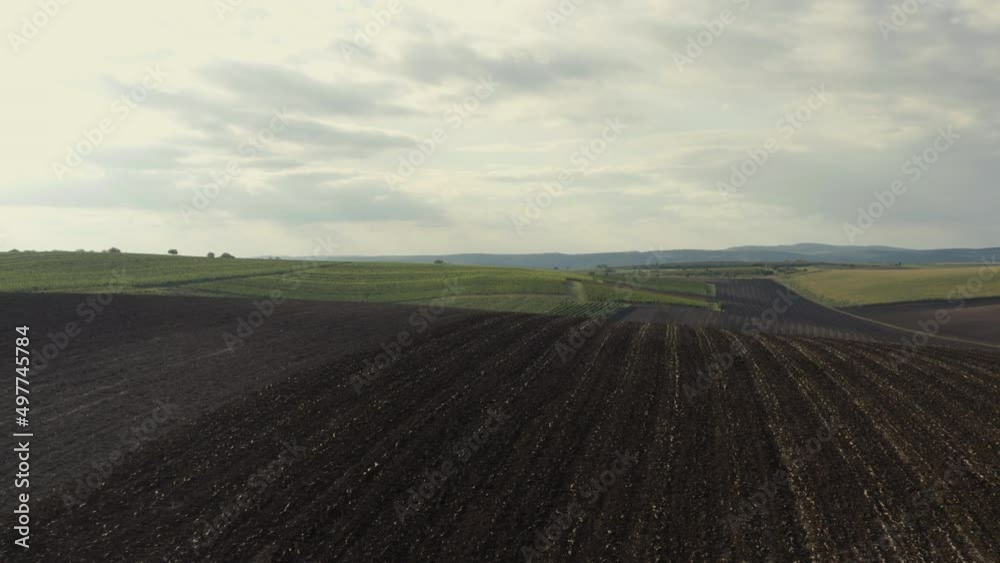 Flying low above a freshly plowed field, fertile green crops along a cloudy horizon, aerial Flying low above a freshly plowed field, fertile green crops along a cloudy horizon, aerial