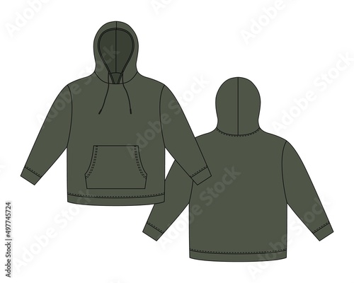 Hoodie template in green color. Apparel hoody technical sketch mockup.