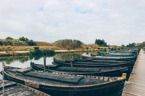 Detail of old wood on Traditional Valencian fisherman sailboats and diverse nature behind 