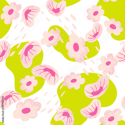 Pink abstract flowers and organic green shapes seamless pattern. Vector background with textured florals. Water lilies