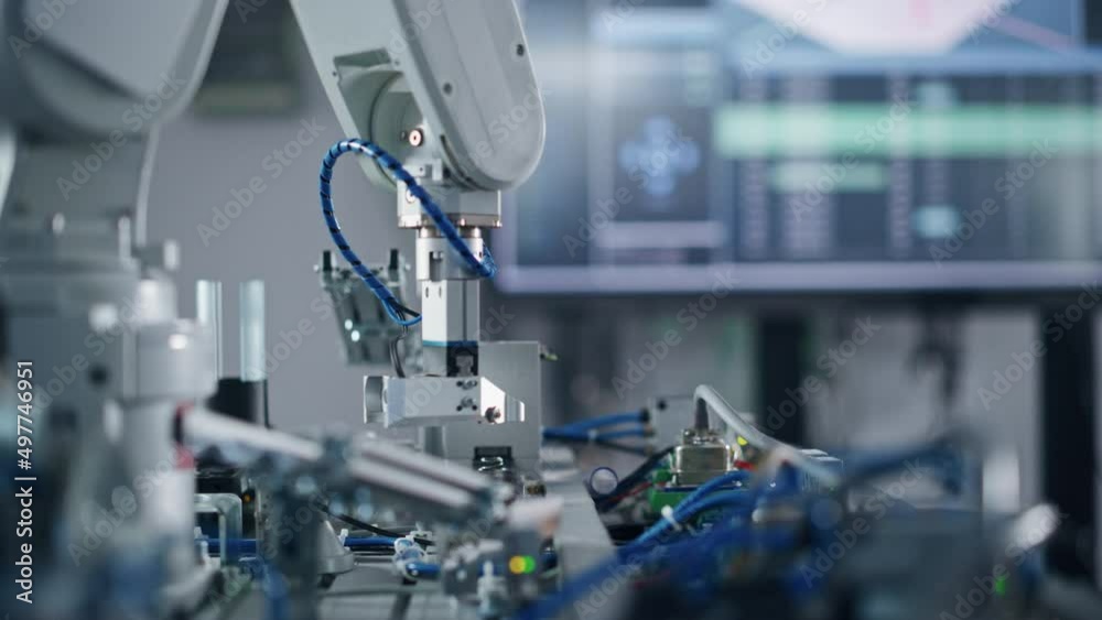 Industry 4.0 Modern Factory: Programmed Robot Arm Moving at Different Sides. Production Line Machine at Empty room.No people, Close Up View. Automated Robotics Concept