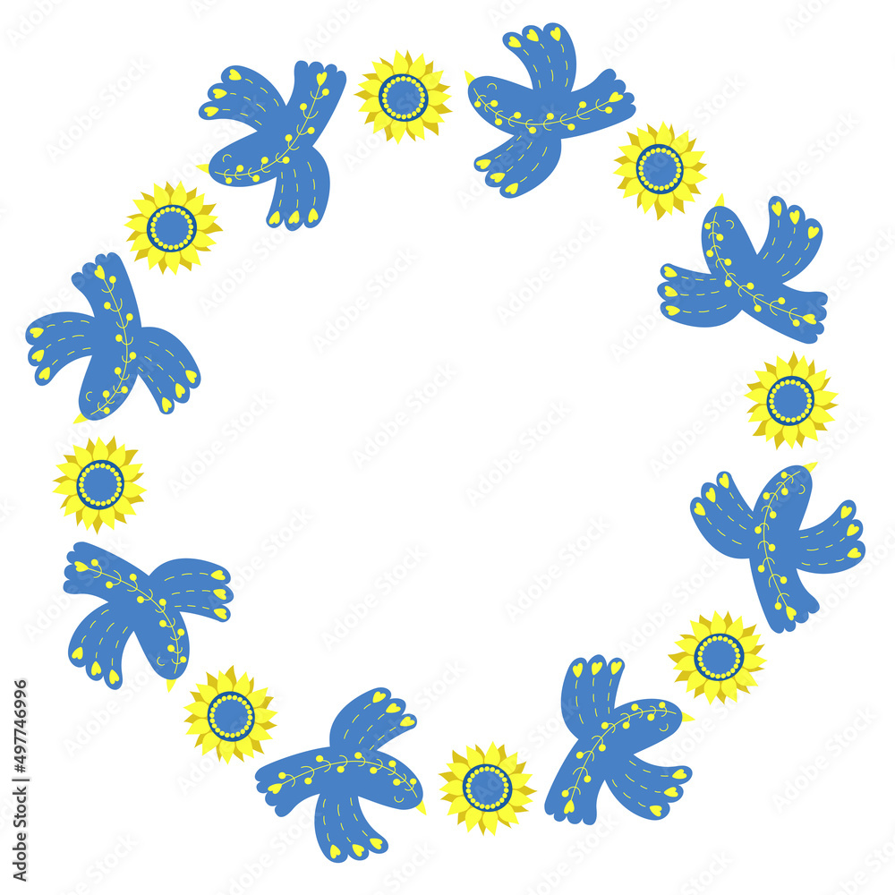Round frame with decorative blue birds and yellow flowers sunflower. napkin in yellow and blue tones, colors of Ukrainian flag. Vector illustration. Floral pattern for decor, design, print and napkins