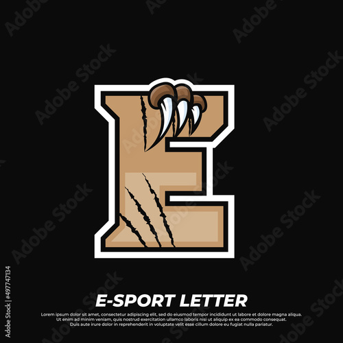 Tiger claw mascot sport logo design. Letter E with Tiger scratch animal mascot illustration logo
