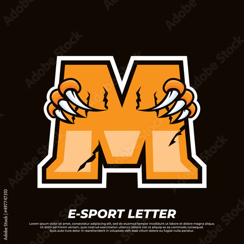 Tiger claw mascot sport logo design. Letter M with Tiger scratch animal mascot illustration logo