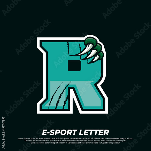Tiger claw mascot sport logo design. Letter R with Tiger scratch animal mascot illustration logo