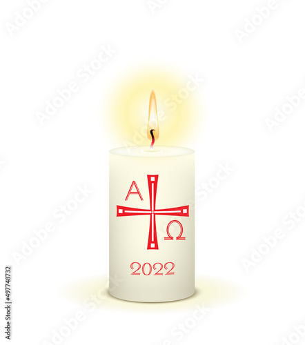 Weiße brennende Osterkerze, Kerze zu Ostern mit Alpha Omega Symbol, 
und Jahreszahl 2022
Vektor Illustration isoliert auf weißem Hintergrund
