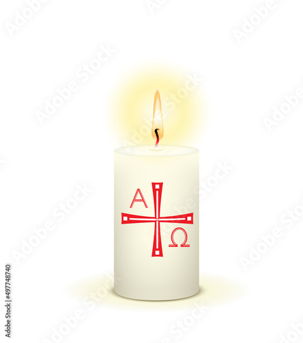 Weiße brennende Osterkerze, Kerze zu Ostern mit Alpha Omega Symbol,
Vektor Illustration isoliert auf weißem Hintergrund
