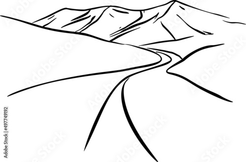 road, mountains, hand draw vector illustration art