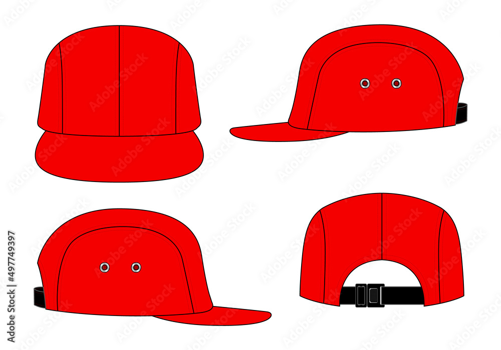 Fototapeta premium Red 4 Panel Cap With Flat Brim Cap And Release Plastic Buckle Strap Back Template On White Background, Vector File