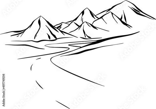 road, mountains, hand draw vector illustration art