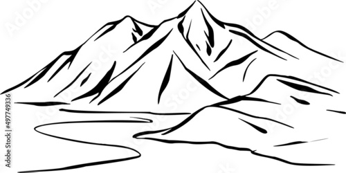 road, mountains, hand draw vector illustration art
