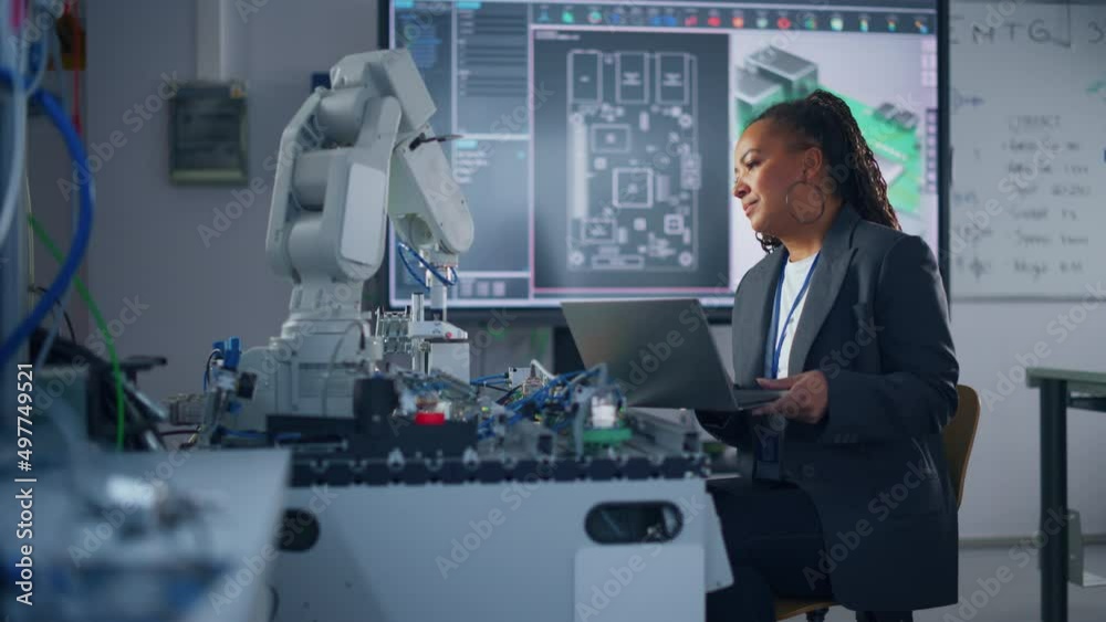 Black Developer Works with Laptop, Writing Code for Robot Arm. Computer Science Research Laboratory with Specialists Working. High-Tech Science and Programming Concept Black Developer Works with Laptop, Writing Code for Robot Arm. Computer Science Research Laboratory with Specialists Working. High-Tech Science and Programming Concept