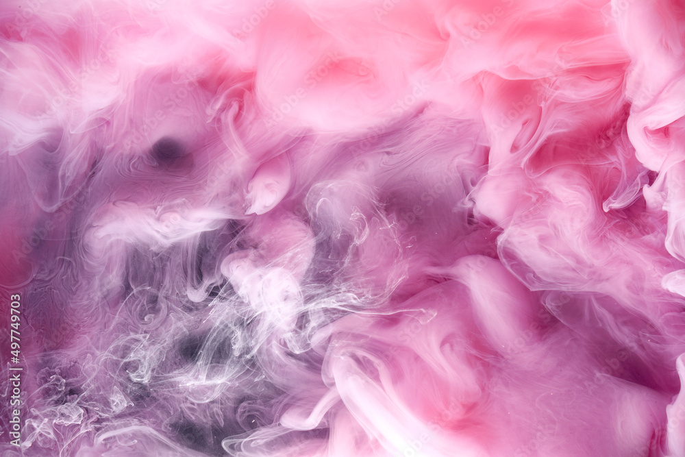 Pink gray smoke on black ink background, colorful fog, abstract swirling touch ocean sea, acrylic paint pigment underwater
