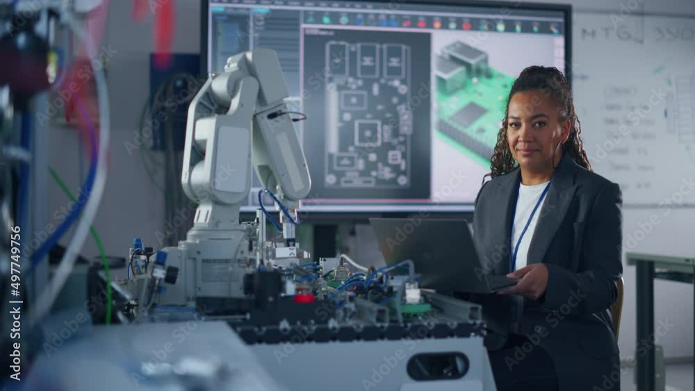 Portrait of Smiling Black Developer Using Laptop while Working with Robotic Arm. Woman Looking at Camera. Success and Programming Concept. Medium Shot Portrait of Smiling Black Developer Using Laptop while Working with Robotic Arm. Woman Looking at Camera. Success and Programming Concept. Medium Shot