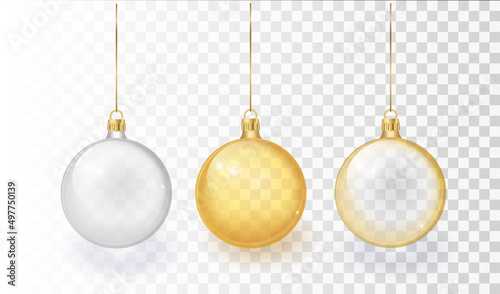 Vector Realistic 3d Christmas Glossy Glass Ball, Mock-up Set Closeup Isolated on Transparency Grid Background. Design Template of Xmas and New Year Tree Toy Decoration Ball for Mockup