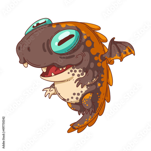 Funny Little Dragon, isolated vector illustration. Frolic flying baby dragon. Smiley Fairytale Creature. Cute mythic animal. A children's book character. A toy concept. A mascot creature. A weird pet.