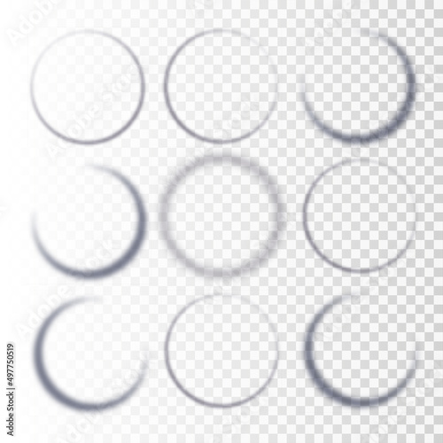 Realistic round shadow with soft edges. Gray round shadows isolated on transparent background.