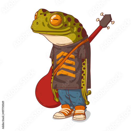 A musician frog, isolated vector illustration. Calm casually dressed anthropomorphic frog with a guitar on its back. Humanized songwriter toad. An animal character with a human body. A rock star.