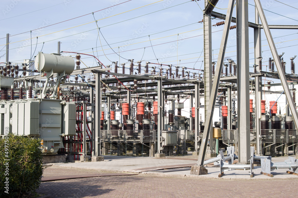 Naklejka premium Closeup of high voltage electrical components of an substation in Nijmegen in the Netherlands