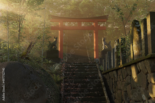 3d rendering of an old japanese shrine with red torii gate and stone lantern illuminated by sun beams