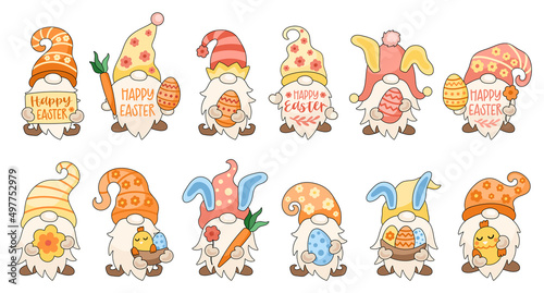 Funny Easter gnomes vector illustration set