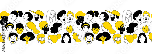 Decorative diverse women men head seamless pattern background. Multiethnic gruop