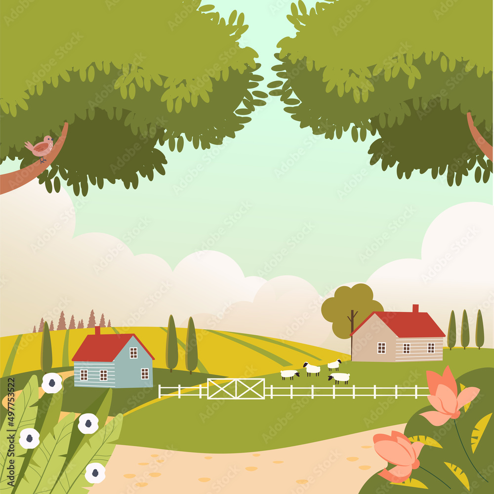 Spring оr summer countryside landscape with house, trees and sheeps. Beautiful rural nature. Countryside view. Cute vector illustration of beautiful field landscape with green hills, sky in flat style