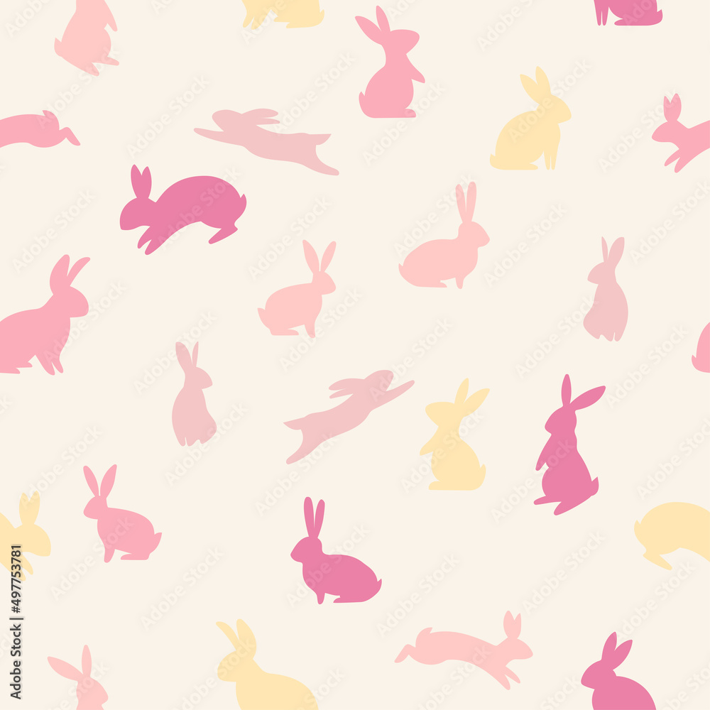 Fototapeta premium Easter spring pink pastel pattern with cute bunny. Hand drawn flat rabbits. Vector illustration.