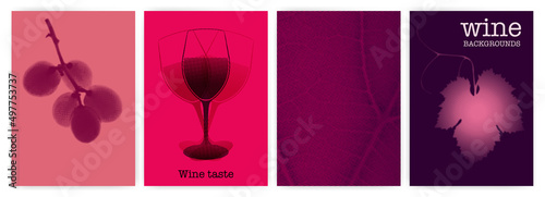 Wine designs. Background vector images with halftone effect. Bunch of grapes and texture of vineyard leaves. For brochure designs, covers, t-shirts, textiles. photo