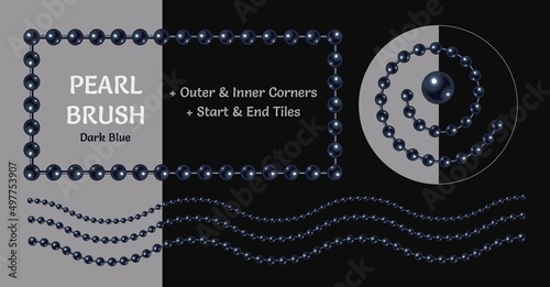 Pattern brush with dark blue pearl beads. Chain brush with corners, end and start tiles. Classic black coloration of pearl. Isolated on dark backgrounds.