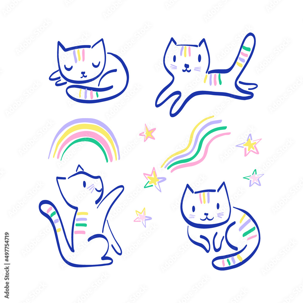 Fototapeta premium Cute cat in different poses play run sleep sit among rainbow fallen stars vector illustration set isolated on white. Childish felt pen hand drawn blue contour kitten print collection.