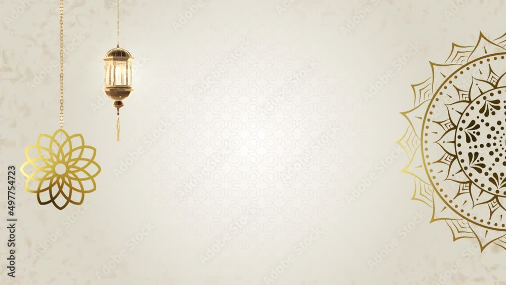 Loop animation of Glittering Ramadan arabic lanterns, flags, decorative moon, stars lights on golden blurred background. Eid Mubarak Islamic Concept Religious Asian Muslim festival celebration