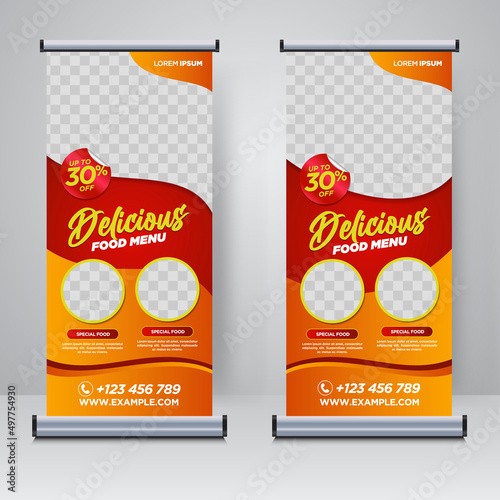 Food and Restaurant roll up banner design template	
