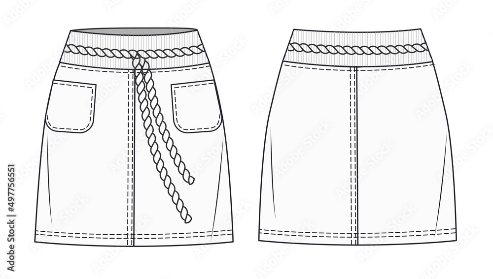 Skirt fashion flat sketch template. Jeans mini Skirt fashion flat