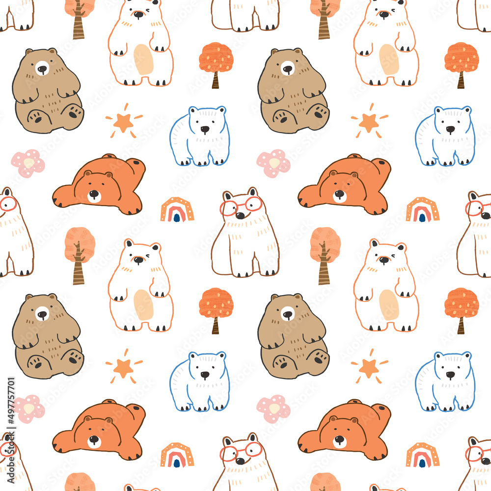 Obraz premium Seamless Pattern with Cartoon Bear Character Design on White Background