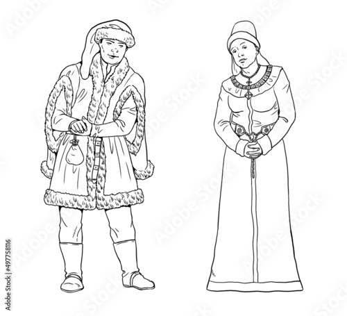 Medieval courtiers. Medieval dresses for man and woman. Drawing.